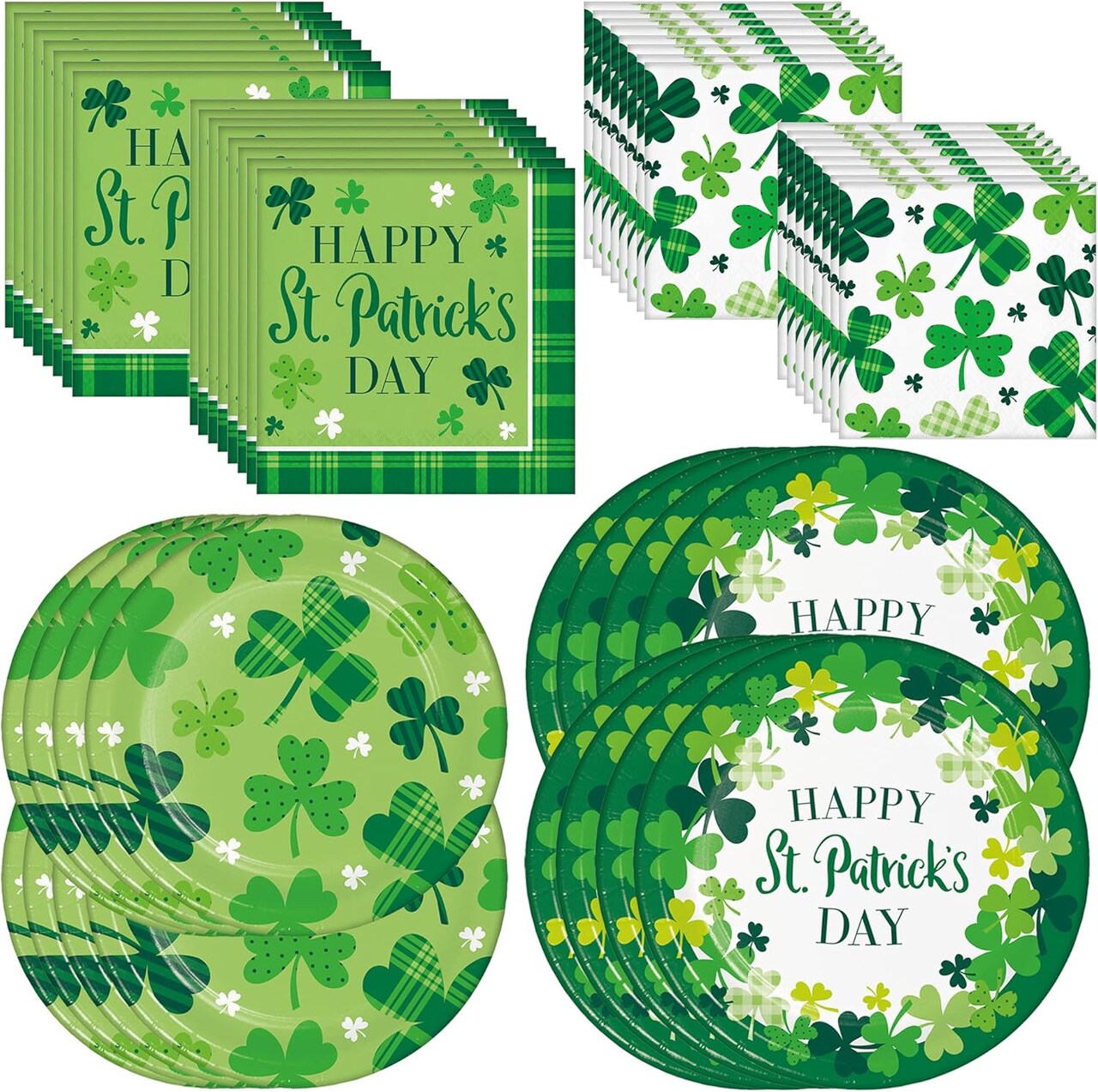 St. Patrick’s Day Shamrocks Party Bundle for 8 – Disposable Plates & Napkins Set – St. Patricks Party Supplies